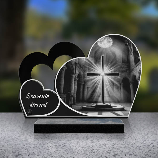 plaque funéraire double cœur croix